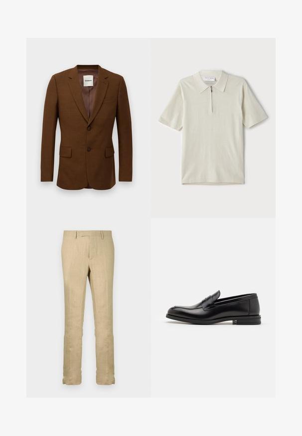 Barna, testre szabott zakó, kifordított hajtókákkal, két gombbal, hajtott zsebekkel és egy mellzsebbel, a színén a "Sandro" felirattal.; Rövid ujjú, világosbézs pólóing, cipzáras gallérral. Simás anyagból készült, egyszerű, modern dizájnnal, minta nélkül.; Beige vászon nadrág, egyenes szárú kialakítás, könnyű anyag finom textúrával, hagyományos derékkal és látható minták nélkül.; Fekete bőr loaferek sima textúrával, kerek orral és dekoratív pánttal a vampnál. Alacsony, rétegelt sarkú, minimalista dizájn.