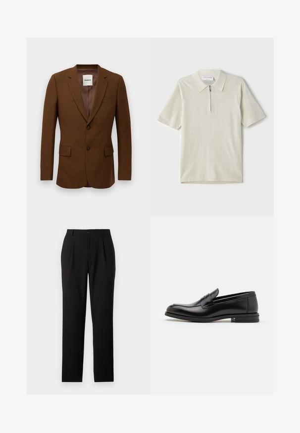 Smeđi sako s oštrim reverima, dva gumba, džepovima s preklopom i džepom na prsima, oznakom "Sandro" unutar ovratnika.; Polo majica kratkih rukava u svijetloj bež boji s zatvaračem na ovratniku. Napravljena od glatkog materijala, sadrži jednostavan, moderan dizajn bez uzoraka.; Crne hlače od odijela sa ravnim nogavicama, izrađene od glatkog materijala. Imaju prednje plisirane detalje i dugme za zatvaranje na struku.; Crni kožni mokasini s glatkom teksturom, zaobljenim prstima i ukrasnom trakom preko prednjeg dijela. Niski slojeviti potplat, minimalistički dizajn.