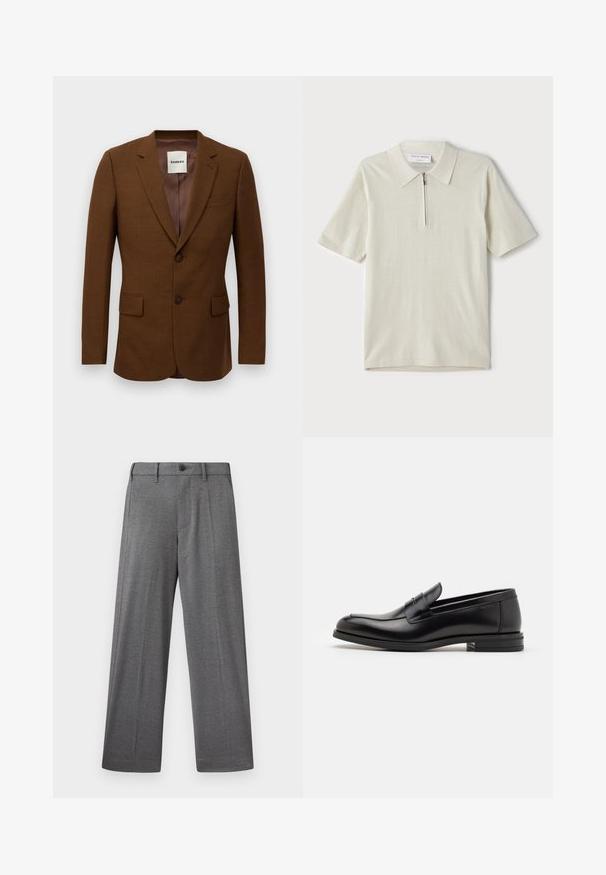 Brauner taillierter Blazer mit Reverskragen, zwei Knöpfen, aufgesetzten Taschen und einer Brusttasche, mit dem Etikett "Sandro" im Kragen.; Kurzärmliges Poloshirt in hellbeige mit Reißverschlusskragen. Hergestellt aus glattem Stoff, bietet es ein einfaches, modernes Design ohne Muster.; Graue, weit geschnittene Hosen aus strukturiertem Stoff mit Knopfverschluss, Seitentaschen und scharfem Bügelfalten-Detail entlang der Beine.; Schwarze Lederloafers mit glatter Textur, rundem Zehenbereich und einem dekorativen Riemen über dem Vorderfuß. Niedriger, gestapelter Absatz, minimalistisches Design.