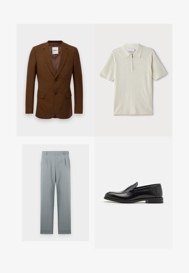 Rudas pritaikytas švarkas su įpjovomis atlapais, dviem mygtukais, kišenėmis su apvadu ir krūtinės kišenė su įsiūtu ženklu "Sandro" apykaklėje.; Šviesiai bežinis trumpomis rankovėmis polo marškinėliai su užtrauktuku ant apykaklės. Pagaminti iš lygaus audinio, pasižymi paprastu, moderniu dizainu be raštų.; Šviesiai pilkos kelnės, pagamintos iš tekstūruoto audinio, tiesaus kirpimo, su vienu klostėmis ir apykaklės kraštais. Minimalistinis ir pritaikytas įvaizdis.; Juodos odinės loafers, turinčios lygų paviršių, apvalią noselę ir dekoratyvinę juostą per priekinę dalį. Žemas krentantis kulnas, minimalistinis dizainas.