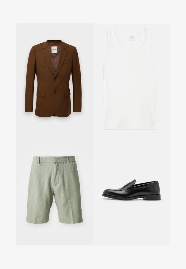 Blazer ajusté marron avec revers en dent de scie, deux boutons, poches à rabat et poche poitrine passepoilée, étiqueté "Sandro" à l'intérieur du col.; Débardeur en coton blanc avec un col rond et sans manches. Texture lisse et coupe droite, sans motifs ni embellissements.; Shorts en lin vert clair avec une coupe décontractée, une taille élastique et deux poches avant. Texture lisse avec un design décontracté.; Mocassins en cuir noir avec une texture lisse, bout rond et une sangle décorative sur le dessus. Talon bas empilé, design minimaliste.