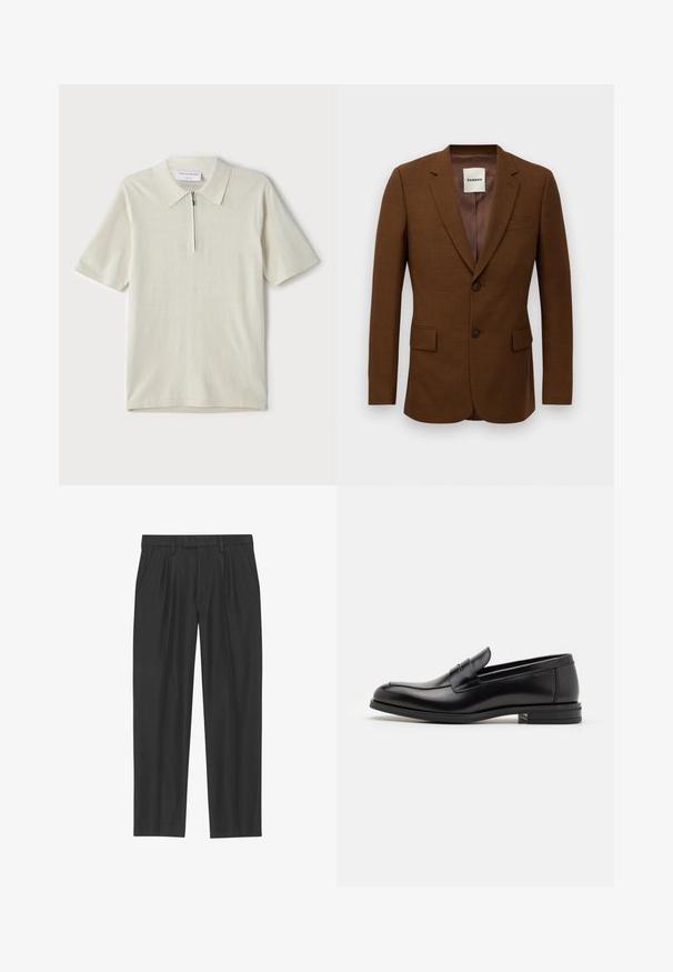 Bruine op maat gemaakte blazer met notch revers, twee knopen, klepzakken en een borstzakje, gelabeld "Sandro" aan de binnenkant van de kraag.; Korte mouwen polo in lichtbeige met een ritskraag. Gemaakt van gladde stof, voorzien van een eenvoudig, modern ontwerp zonder patronen.; Zwarte geplisseerde broeken van een soepele stof; voorzien van een tailleband met riemlussen en een recht gesneden pijp. Minimalistisch ontwerp zonder patronen.; Zwarte leren instappers met een gladde textuur, ronde neus en een decoratieve band over de wreef. Lage, gestapelde hak en minimalistisch ontwerp.