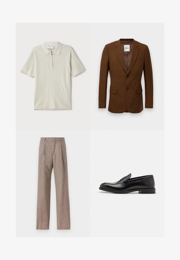 Brauner taillierter Blazer mit Reverskragen, zwei Knöpfen, aufgesetzten Taschen und einer Brusttasche, mit dem Etikett "Sandro" im Kragen.; Kurzärmliges Poloshirt in hellbeige mit Reißverschlusskragen. Hergestellt aus glattem Stoff, bietet es ein einfaches, modernes Design ohne Muster.; Braune, hochtaillierte Hose aus strukturiertem Stoff. Mit weitem Bein und zwei vorderen Bügelfalten für zusätzliche Form. Saubere Verarbeitung ohne sichtbare Hardware.; Schwarze Lederloafers mit glatter Textur, rundem Zehenbereich und einem dekorativen Riemen über dem Vorderfuß. Niedriger, gestapelter Absatz, minimalistisches Design.