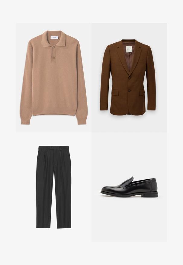 Ruskea räätälöity bleiseri, jossa on terävät läpät, kaksi nappia, läpälliset taskut ja rintatasku, jonka sisäpuolella on merkintä "Sandro".; Beige ribba knit sweateri, jossa on pitkät hihat, polo-kaulus ja kaksi nappia avaukseen. Pehmeä rakenne ja suora helma.; Mustat pleated-housut, jotka on valmistettu sileästä kankaasta; niissä on vyötärö, jossa on vyölenkit, ja suora lahkeensuukko. Minimalistinen muotoilu ilman kuvioita.; Mustat nahkakengät, joissa on sileä pinta, pyöreä kärki ja koristeellinen nauha jalkapöydän yli. Matala pinoitu koroke, minimalistinen muotoilu.