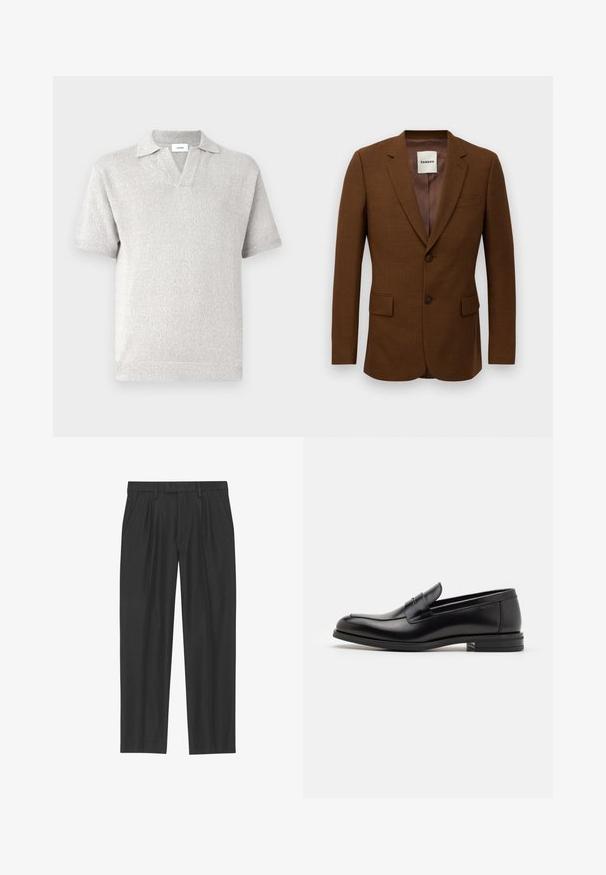 Bruine op maat gemaakte blazer met notch revers, twee knopen, klepzakken en een borstzakje, gelabeld "Sandro" aan de binnenkant van de kraag.; Kortekleurige, lichtgrijze gebreide poloshirt met korte mouwen en een V-hals, textuurpatroon en traditionele kraag. Lichte stof biedt een casual uitstraling.; Zwarte geplisseerde broeken van een soepele stof; voorzien van een tailleband met riemlussen en een recht gesneden pijp. Minimalistisch ontwerp zonder patronen.; Zwarte leren instappers met een gladde textuur, ronde neus en een decoratieve band over de wreef. Lage, gestapelde hak en minimalistisch ontwerp.