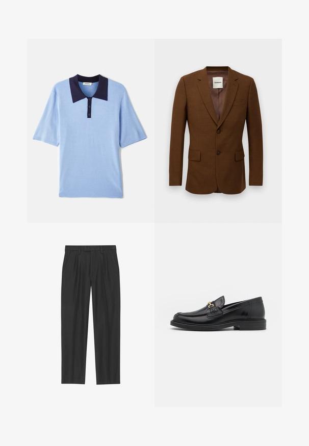 Brun skræddersyet blazer med notch-lapper, to knapper, klaplommer og en brystlomme, mærket "Sandro" inden i kraven.; Lys blå kortærmet polo skjorte med mørkeblåt krave og tre-knaps lukning. Struktureret stof med en blød, åndbar overflade.; Sorte plisserede bukser lavet af et glat stof; har en talje med bæltesløjfer og en lige benpasform. Minimalistisk design uden mønstre.; Sorte læder loafers med en rund tå, der har guld hardware accent og syningsdetaljer, placeret på en lav, tekstureret gummisål.