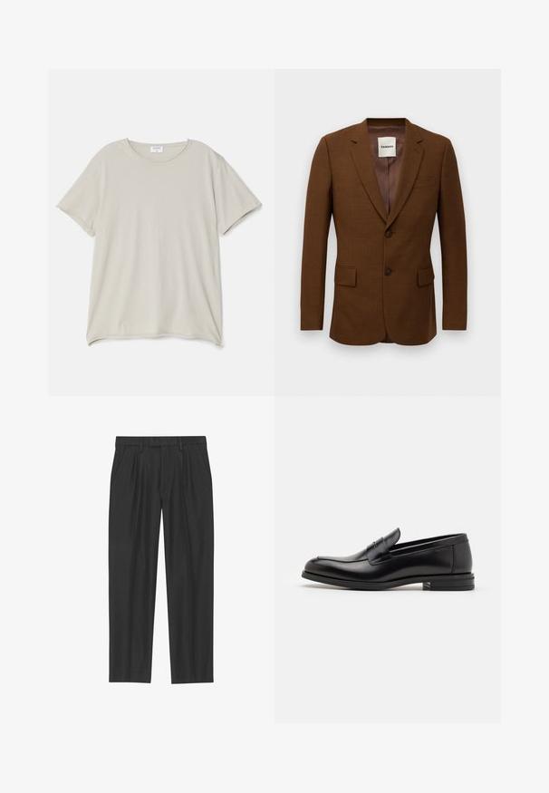 Brązowa marynarka o dopasowanym kroju z klapami, dwoma guzikami, kieszeniami typu flap oraz kieszonką piersiową, z metką "Sandro" wewnątrz kołnierza.; Jasno beżowa koszulka z miękkiej bawełny, z okrągłym dekoltem i krótkimi rękawami. Gładka faktura z luźnym krojem.; Czarne spodnie plisowane wykonane z gładkiego materiału; posiadają pas z pętlami na pasek oraz prostą nogawkę. Minimalistyczny design bez wzorów.; Czarne skórzane mokasyny o gładkiej fakturze, zaokrąglonym nosku i dekoracyjnym pasku na przodzie. Niski, warstwowy obcas, minimalistyczny design.
