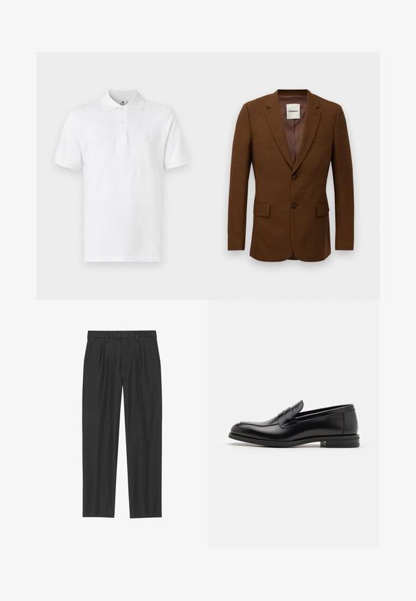 Brązowa marynarka o dopasowanym kroju z klapami, dwoma guzikami, kieszeniami typu flap oraz kieszonką piersiową, z metką "Sandro" wewnątrz kołnierza.; Biała koszulka polo wykonana z bawełny, z klasycznym kołnierzykiem, krótkimi rękawami i subtelnym haftowanym logo na piersi.; Czarne spodnie plisowane wykonane z gładkiego materiału; posiadają pas z pętlami na pasek oraz prostą nogawkę. Minimalistyczny design bez wzorów.; Czarne skórzane mokasyny o gładkiej fakturze, zaokrąglonym nosku i dekoracyjnym pasku na przodzie. Niski, warstwowy obcas, minimalistyczny design.