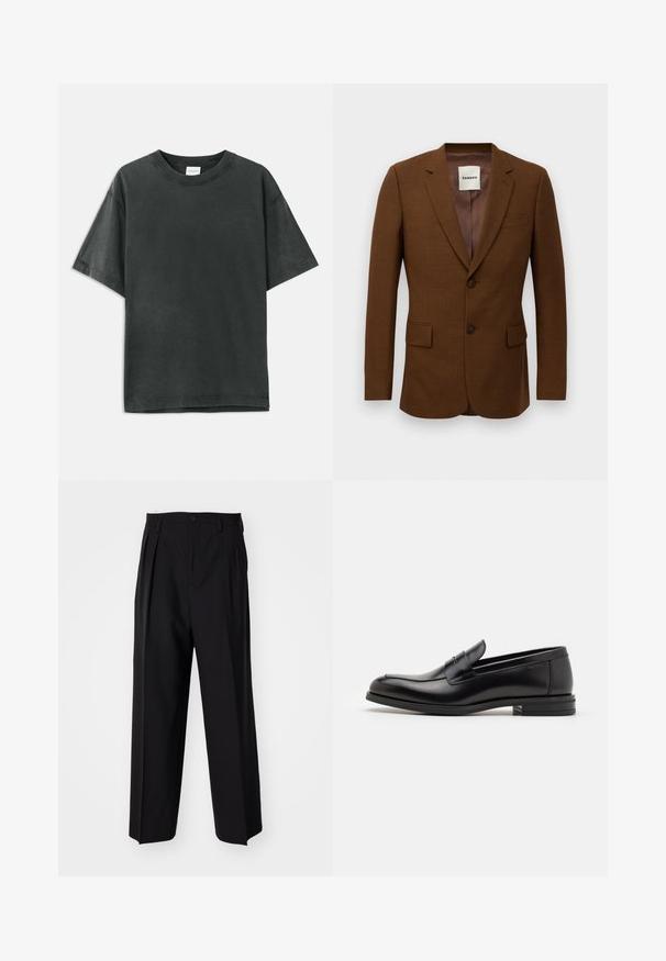 Brūns šūts žakets ar griezuma atloka kātiem, diviem pogām, kabatām ar atloku un krūšu kabatiņu, iekšējā apvalkā marķēts ar "Sandro".; Tumši pelēks kokvilnas t-krekls ar īsām piedurknēm, apaļu kakla izgriezumu un smalku zīmola logotipu. Gluda tekstūra ar brīvu piegriezumu un taisnu apakšmali.; Melnas plisētās bikses ar taisnu, plata kāja dizainu. Izgatavotas no gludas auduma, ar pogu aizdari un jostas cilpiņām.; Melnas ādas kurpes ar gludu tekstūru, noapaļu purngalu un dekoratīvu siksniņu pāri priekšpusei. Zems sakrauts papēdis, minimālisma dizains.