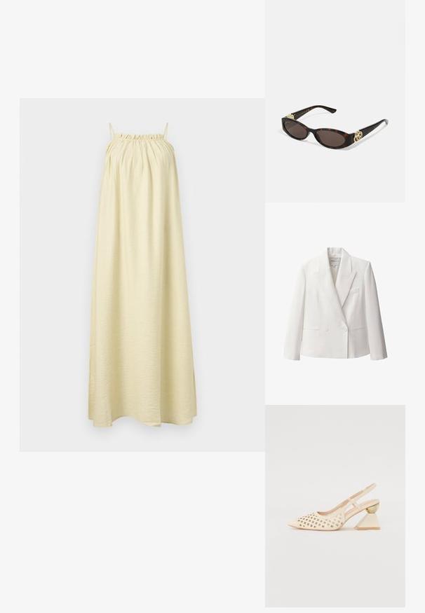 Sacou alb cu două rânduri de nasturi, confecționat dintr-un material neted, cu rever clasic, două buzunare frontale și un buzunar pe piept.; Rochie fără mâneci, până la podea, dintr-un material galben deschis. Prezintă un decolteu strâns și o textură netedă, fluidă. Silueta simplă, în linie A.; Pantofii cu toc înalt, de culoare bej, clasic, cu partea superioară perforată, vârf ascuțit și un toc triangular contrastant cu un accent auriu. Textura este netedă în general.; Ochelari de soare din țiglă cu lentile ovale alungite, nuanță maro, accente cu logo auriu pe brațele laterale și brațe negre elegante.