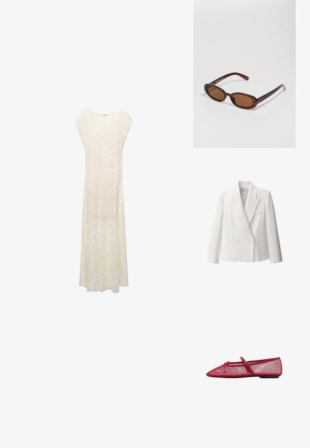 Blazer blanc à double boutonnage en tissu lisse, avec des revers à notch, deux poches avant et une poche poitrine.; Robe maxi en dentelle couleur écrue avec une coupe ample, des manches courtes et un motif floral. Le tissu est semi-transparent avec une silhouette fluide.; Ballerines en maille rouge avec un bout pointu, dotées d'une fine bride et d'un détail à boucle. La tige présente un motif ouvert en nid d'abeille.; Lunettes de soleil rondes teinte brun avec une monture bordeaux brillante. Branches fines avec un détail de marque subtil. Design de verres plats.; Sac à main en cuir tan avec deux poignées supérieures, une bandoulière réglable, des accents en métal doré et une forme rectangulaire. Présente une plaque de marque.