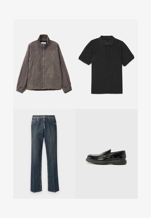 Ruda siuvinėjimo striukė su aukštu apykakle, turinti sudėtingų gėlių ir vingiuotų raštų. Ji turi priekinį užtrauktuką ir elastingas rankoves.; Juodas trumpomis rankovėmis polo marškinėliai su apykakle ir trimis mygtukais. Pagaminti iš lygaus, lengvo audinio, turinčio klasikinį dizainą.; Tamsiai mėlynos tiesios kojos džinsai su priekiniais mygtukais, užtrauktuku, dviem priekinėmis kišenėmis ir matomomis vertikaliomis raukšlėmis nuo kelnių šonų.; Juodas odinis loaferis su blizgiu paviršiumi, apvaliu pirštu, subtiliais siūlių detalėmis ir storu guminio pado, užtikrinančio ilgaamžiškumą.