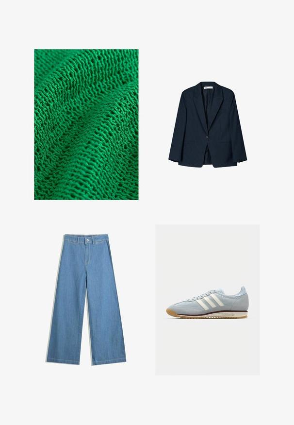 Tengerészkék csíkos blézer puha anyagból, egygombos záródással, kerek nyakkal és elülső zsebekkel. Klasszikus szabás, galléros nyakkal.; Zöld kötött textília, amely texturált mintával rendelkezik, laza és nyitott szövésű, finom fonalakkal és több látható öltéssel.; Világoskék, laza szárú farmernadrág, gombos záródással, övpántokkal és diszkrét varrási részletekkel.; Világoskék velúr sneaker fehér három csíkkal, gumitalppal és texturált hálós anyaggal. Jellemzője a sima orr-rész és a logó a saroknál.