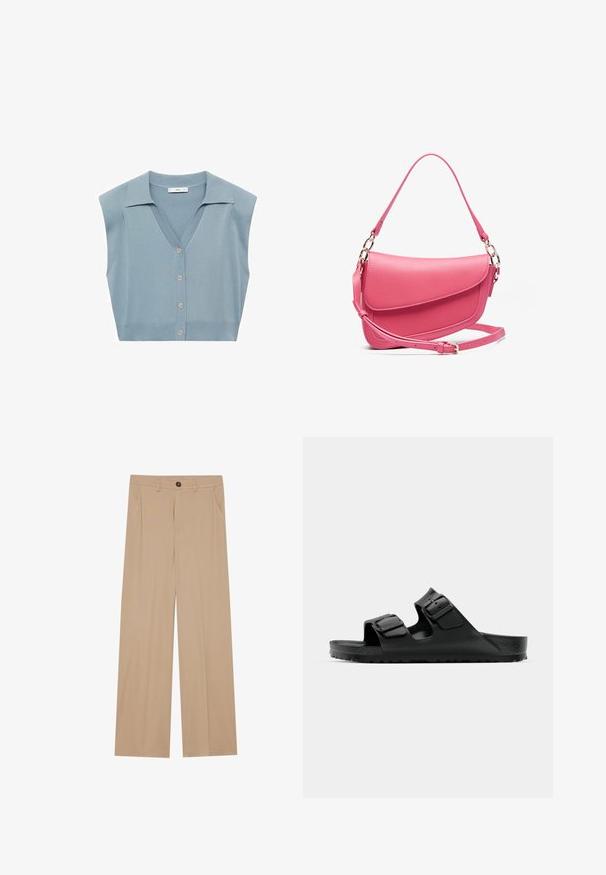 Grijze blazer van gladde stof met een enkele zwarte knoop, notch revers, twee voorkant zakken en een satijnen voering.; Lichtblauwe gebreide mouwloze cardigan met een V-hals, knoopsluiting aan de voorkant en een kraag. Smooth textuur en aangesloten ontwerp.; Drie mouwloze truien in creme, grijs en zwart. Elke trui heeft een ribbelnek en ribbelzoom, gemaakt van zacht breimateriaal.; Beige wijde broek met een gladde textuur, voorzien van twee zijzakken, een frontale knoopsluiting en subtiele plooien voor een extra detail.; Zwarte rubberen sandalen met twee verstelbare banden, een gestructureerde voetbed en een dikke, geribbelde zool, met een minimalistisch ontwerp.; Roze leren handtas met een gestructureerde vorm, voorzien van een klep met sluiting, een verstelbare schouderband en accenten van goudkleurig metaal. Geweven oppervlak.