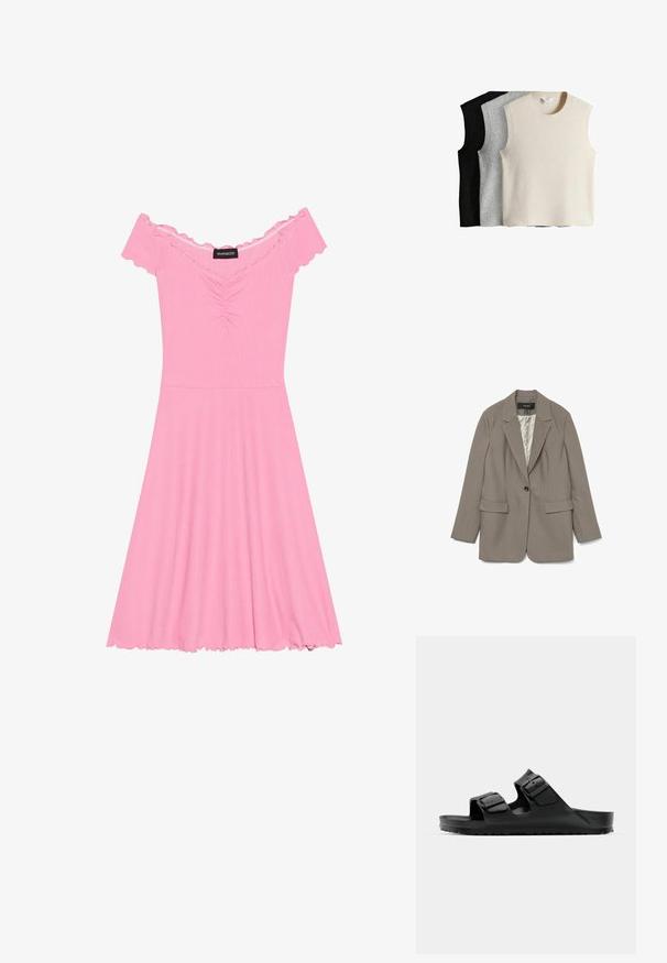 Šedý blazer vyrobený z hladkého materiálu s jedním černým knoflíkem, klopovým límcem, dvěma předními kapsami a saténovou podšívkou.; Růžové šaty bez ramínek vyrobené z žebrované tkaniny, s nabíraným živůtkem, rozšířenou sukní a volánkovými okraji na rukávech a lemu.; Tři bezrukávové svetříky v krémové, šedé a černé barvě. Každý má žebrovaný výstřih a lem, vyrobený z měkkého pleteného materiálu.; Černé gumové sandály s dvěma nastavitelnými pásky, texturovanou stélkou a silnou podrážkou s hlubokým vzorkem, které se vyznačují minimalistickým designem.; Růžová kožená kabela s pevnou strukturou, vybavená klopovým uzávěrem, nastavitelným popruhem a zlatými kovovými detaily. Texturovaný povrch.