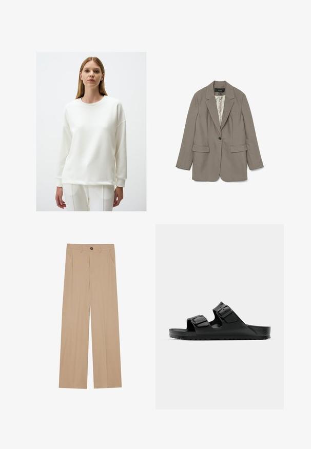 Grauer Blazer aus glattem Stoff mit einem einzigen schwarzen Knopf, Reverskragen, zwei Vorderfächern und einem satinartigen Futter.; Weißes Sweatshirt mit Rundhalsausschnitt, langen Ärmeln, lässiger Passform und gerippten Bündchen und Saum. Glatte Textur und minimalistisches Design.; Beige, weit geschnittene Hosen mit glatter Textur, ausgestattet mit zwei seitlichen Taschen, einem vorderen Knopfverschluss und dezenten Falten für zusätzliche Details.; Schwarze Gummisandalen mit zwei verstellbaren Riemen, strukturiertem Fußbett und einer dicken, profilierten Sohle, die ein minimalistisches Design aufweisen.