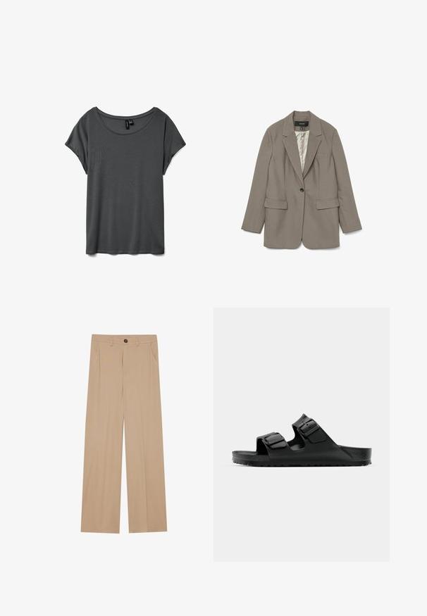 Grijze blazer van gladde stof met een enkele zwarte knoop, notch revers, twee voorkant zakken en een satijnen voering.; Grijze T-shirt met korte mouwen, een brede ronde hals, zachte stof en een ontspannen pasvorm. Geen zichtbare patronen of accenten. Glad oppervlak.; Beige wijde broek met een gladde textuur, voorzien van twee zijzakken, een frontale knoopsluiting en subtiele plooien voor een extra detail.; Zwarte rubberen sandalen met twee verstelbare banden, een gestructureerde voetbed en een dikke, geribbelde zool, met een minimalistisch ontwerp.