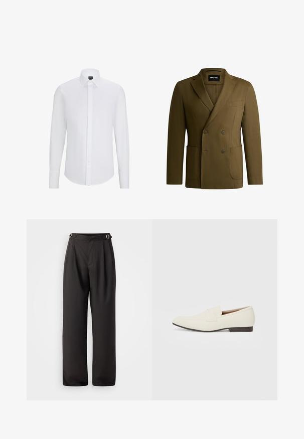 Oliivroheline topeltkinniseguga bleiser, mis on valmistatud siledast kangast. Omab sälgüsid, kahte eesmist taskut ja ühte rinnataskut.; Valge pika varrukaga nööpidega särk, millel on terav krae, valmistatud siledast kangast, esiplaadiga ja ümarate servadega.; Mustad laiad püksid, mis on valmistatud siledast kangast, kõrge vöökoht, vöö peal kaks hõbedast pandlat ja volditud esikülg.; Heledadbeez loafers, millelise lõpp, sile materjal, rihm üle vampi ja madal pruun talla. Lihtne disain minimaalse aktsentidega.