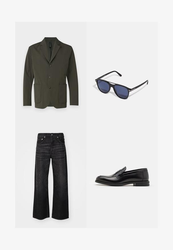 Olive green blazer made from smooth fabric, featuring a notched lapel, two front pockets, and three black buttons down the front.; Two black cotton t-shirts with short sleeves and crew necks. Both feature a red brand label at the neckline. Simple, classic design.; Wide-leg black denim jeans with a smooth texture, classic five-pocket design, and silver hardware. Features subtle fading along the fabric.; Black leather loafers with a smooth texture, rounded toe, and a decorative strap across the vamp. Low stacked heel, minimalist design.; Sunglasses with black plastic frame, blue tinted lenses, slightly rounded shape, and silver metal accents on the temples.