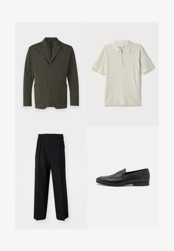 Olive green blazer made from smooth fabric, featuring a notched lapel, two front pockets, and three black buttons down the front.; Short-sleeve polo shirt in light beige with a zippered collar. Made of smooth fabric, features a simple, modern design without patterns.; Black pleated trousers with a straight, wide-leg design. Made from smooth fabric, featuring a button closure and belt loops.; Black leather men's loafer with a low heel and a classic penny strap design, shown in side profile on a white background.