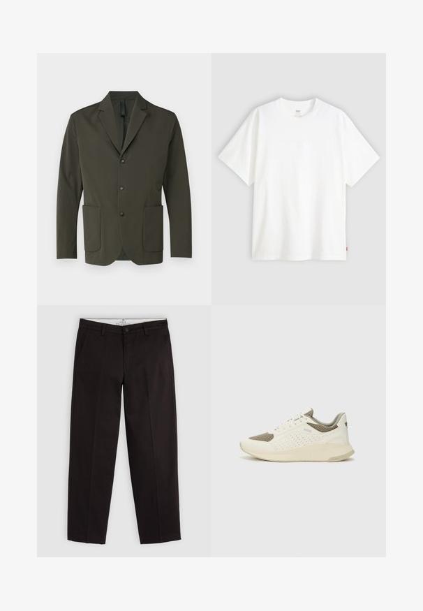 Olivově zelený blazer vyrobený z hladké látky, s klopami ve tvaru cípů, dvěma předními kapsami a třemi černými knoflíky na přední straně.; Bílý krátký rukáv tričko vyrobené z bavlny s kulatým výstřihem. Na přední straně se nachází decentní embosované logo a červená cedulka na lemu.; Černé chinos s rovnými nohavicemi, poutky na opasek, knoflíkovým zapínáním a bočními kapsami, vystavené na světle šedém pozadí.; Bílé a světle béžové atletické tenisky, které mají síťovaný svršek, perforované detaily a texturovanou mezipodešev s logem na patě.