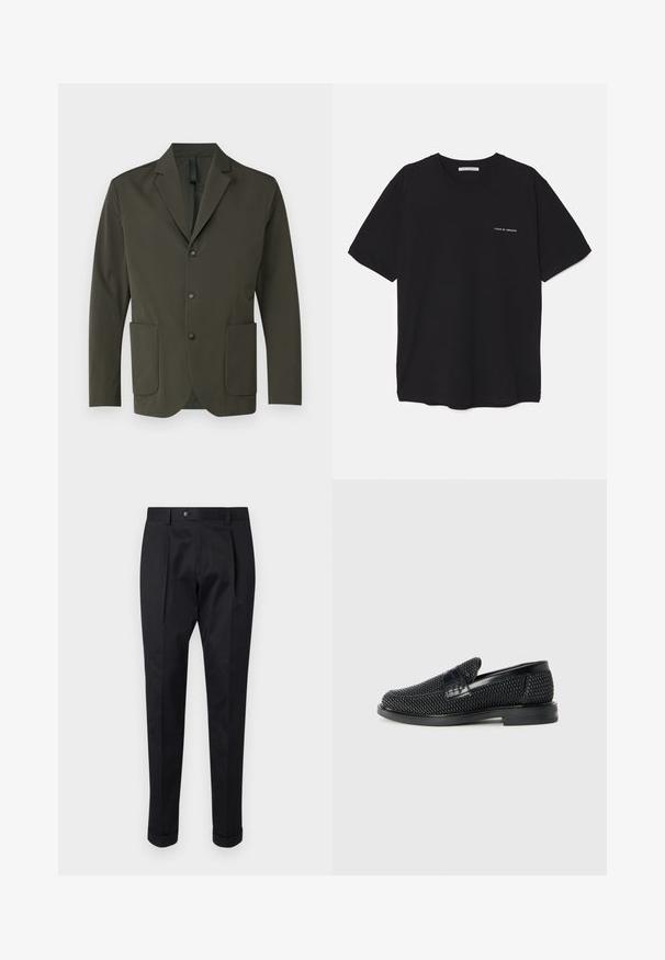 Olive green blazer made from smooth fabric, featuring a notched lapel, two front pockets, and three black buttons down the front.; Black cotton T-shirt with a crew neck, short sleeves, and a white logo print on the left chest. Simple, solid color design.; Black trousers made of a smooth fabric, featuring a fold at the front, a button closure, and rolled cuffs at the ankle.; Black woven slip-on shoe with a smooth leather accent on the upper, a round toe design, and a low-profile rubber sole.