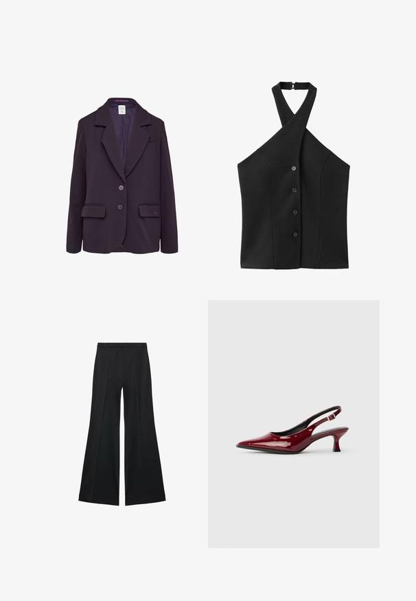 Donkerpaarse blazer in gestructureerde stof, met een ingesneden kraag, twee voorzakken en drie knopen aan de voorkant.; Zwarte haltertop met overslagontwerp, vijf knopen aan de voorkant, gemaakt van een glad, rekbaar stof. Geen extra versieringen.; Zwarte wijde-pijpen broek met een gladde textuur, gekenmerkt door voorplooien en een op maat gemaakte uitstraling. De stof is lichtgewicht en vloeiend.; Bordeaux patent leren slingback hakken met een puntige neus en een slanke stilettostonk. Ontwerp met open achterkant en verstelbare enkelriem.