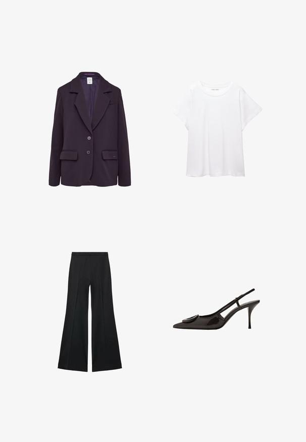 Ciemnofioletowa marynarka z usztywnionego materiału, z wklęsłym kołnierzykiem, dwoma przednimi kieszeniami i trzema guzikami z przodu.; Biała koszulka wykonana z miękkiej, lekkiej tkaniny. Posiada okrągły dekolt oraz krótkie, szerokie rękawy, zapewniające luźny krój. Brak widocznych wzorów.; Czarne spodnie o szerokich nogawkach z gładką teksturą, z przodu ozdobione zakładkami i skrojonym fasonem. Materiał jest lekki i zwiewny.; Czarna, lakierowana na wysoki połysk, sandałowa szpilka z ostrym noskiem, minimalistycznym wzornictwem, małym okrągłym akcentem na przodzie buta oraz smukłym obcasem.