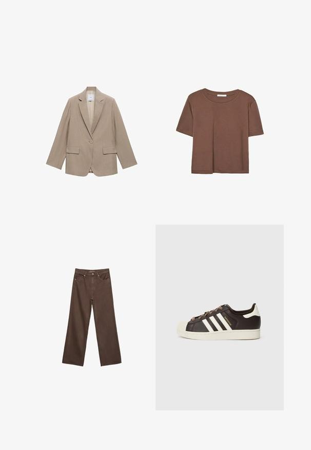 Bež blazer s prugicama, dolgimi rokavi, zareznimi lapelami, enim gumbom za zapiranje in dvema sprednjima žepoma. Gladka tekstura.; Rjava kratka majica s kratkimi rokavi iz mehkega materiala, s krožnim izrezom in ohlapnim krojem. Brez vidnih vzorcev ali dodatkov.; Široke rjave kavbojke iz denima, ki imajo visok pas, sprednje žepe in klasično zapiranje na gumb. Gladka tekstura s subtilnim šivom.; Nizki adidas Superstar copat iz temno rjavega usnja s kremasto školjkasto konico, belimi črtami in napisom "Superstar" na strani.