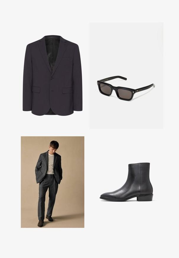 Mörk lila blazer tillverkad av strukturerad tyg, med en knappstängning, två framfickor och en slagkrage-design.; Grå långärmad skjorta med knäppning, bröstficka och knäppbar krage, liggande platt på en vit bakgrund.; Grå skräddarsydd kostym med spetsiga slag och framfickor, i kombination med en randig skjorta. Byxorna har en avslappnad passform och pressveck. Bruna skor.; ALDO PILLOWWALK+FLEX INSIDE ZIP AMUR - Stövletter - open black; Svarta rektangulära solglasögon med mörka linser, tjock plastbåge, guldfinish på skalmarna och varumärkeslogotyp graverad på armen.