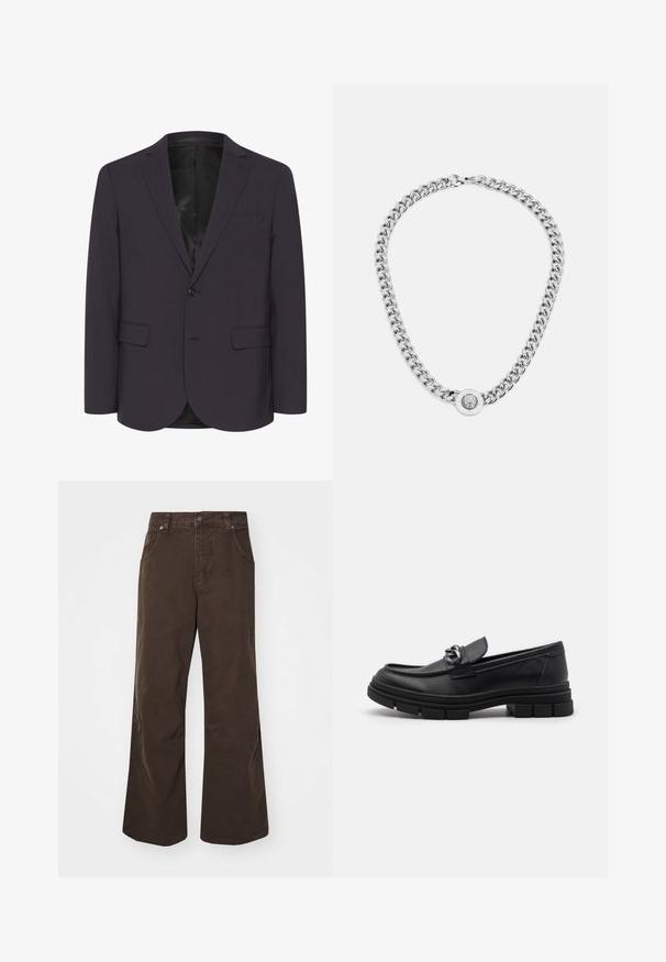 Temno vijoličast suknjič narejen iz teksturiranega materiala, ki ima en gumb na zapiranju, dve sprednji žepi in dizajn s prerezom na reverju.; Dva prilegača topa v črni in beli barvi. Narejena iz rebrastega bombaža, imata široke naramnice in zaobljene izreze. Oznaka na ovratniku.; Rjave široke hlače iz bombaža, z visokim pasom, sprednjimi žepi in gladko teksturo. Končni detajli vključujejo subtilne šive.; Črni usnjeni loaferji z zaobljenim nosom, dekorativnim trakom in dodatki ter debelim teksturiranim podplatom. Gladek zaključek s subtilnimi detajli.; Srebrna verižica z дебелыми povezavami in osrednjim krožnim obeskom z zapletenim detajliranjem. Gladka, odsevna površina kovine.