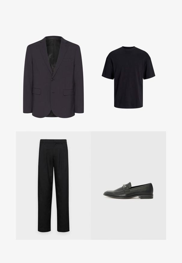 Tumši purpura žakets, kas izgatavots no teksturētas auduma, ar vienu pogu aizdari, divām priekšējām kabatām un izgriezumu apkakli.; Melns kokvilnas T-krekls ar apaļu kakla izgriezumu, īsām piedurknēm un brīvu piegriezumu. Gluda tekstūra un nav redzamu rakstu vai akcentu.; Melnas bikses, izgatavotas no gludas auduma, ar taisnu kāju dizainu, divām priekšējām krokām un standarta jostu, kurai ir āķi.; Melna ādas loafer izmēra apavi ar gludu virsmu, piedāvā ar šūtu dizainu un dekoratīvu metāla ķēdes akcentu pār vampu. Plakana papēža daļa.