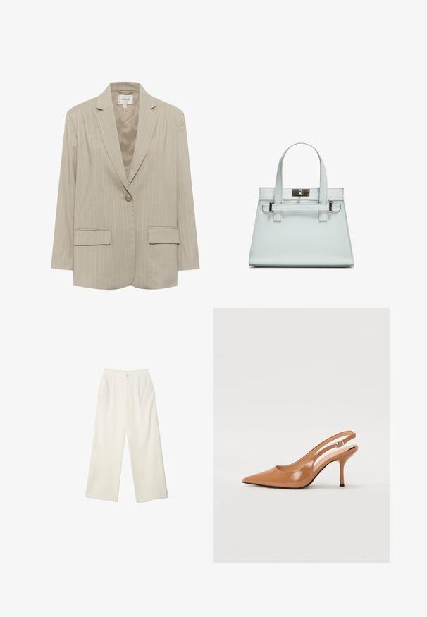 Beżowa marynarka w paski z klapami typu notch, z zapięciem na jeden guzik i dwoma przednimi kieszeniami. Wykonana z teksturowanej tkaniny, posiada gładką podszewkę.; Jasnoszara cienka bluzka z krótkim rękawem i głębokim dekoltem w kształcie litery V, z czterema guzikami, wykonana z miękkiego materiału o gładkiej fakturze.; Spodnie z szerokimi nogawkami w kremowej tkaninie o gładkiej fakturze, z pojedynczym guzikiem z przodu, subtelnymi plisami i wysokim stanem.; Sandały na obcasie z kwadratowym noskiem, wykonane z gładkiego, błyszczącego materiału w kolorze brązowym. Charakteryzują się zaokrąglonym wycięciem i smukłym obcasem typu stiletto. Detal w postaci srebrnej klamry.; Jasnoniebieska torebka o strukturalnym designie, z dwoma uchwytami i zapięciem w srebrnym odcieniu. Teksturowany materiał i ostre krawędzie.
