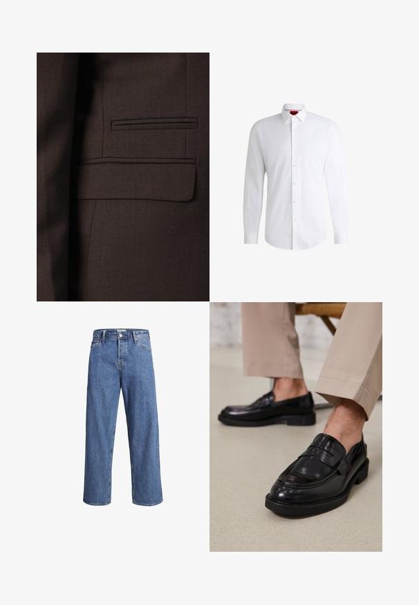 Brun dressjakke med teksturert stoff, subtile vevmønstre, flerfargede detaljer og en enkel brystlomme.; Hvit skjorte med knapper laget av glatt stoff, med klassisk krage, lange ermer og buet nederkant. Har beige knapper foran.; Lyse blå denimjeans med rett ben, høy midje og minimale sømdetaljer. Stoffet har en myk, lett bleket tekstur.; Svarte skinnloafers med glatt overflate, med en dekorativ stropp og kontrastbroderi, sammen med beige bukser.