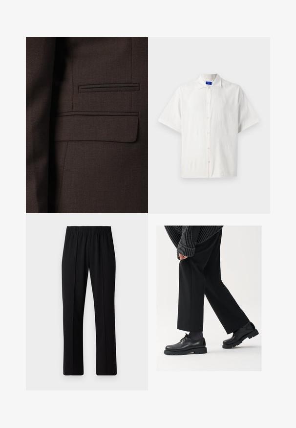 Hnědá sako s texturovaným materiálem a jemnými tkaninovými vzory, vícetrojnými akcenty a jednou náprsní kapsou.; Kratší rukáv, bílá košile na knoflíky, vyrobená z lehké látky, která má klasický límec a jemnou strukturu. Knoflíky jsou rovnoměrně umístěny.; Černé kalhoty s elastickým pasem a rovnými nohavicemi, s hladkým povrchem a bez viditelných vzorů nebo kovových doplňků.; Černé kožené boty s kulatou špičkou, šněrovací design a silnou strukturovanou podrážkou. Noseny s dobře padnoucími černými kalhotami a žebrovaným svetr.