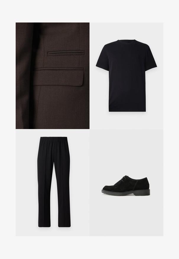 Bruine colbertsjack met een geg textureerd stof en subtiele weefpatronen, met meerkleurige accenten en een enkele borstzak.; Zwart T-shirt met korte mouwen van glad katoen, met een ronde halslijn en een klassieke pasvorm zonder patronen of zichtbare hardware.; Zwarte, elastische broek met rechte pijpen, met een gladde textuur en zonder zichtbare patronen of hardware.; Zwarte suède modelschoen met een ronde neus, contrasterende stiksels en een rubberen zool. Kenmerkt zich door minimale veters en een glad bovenwerk.