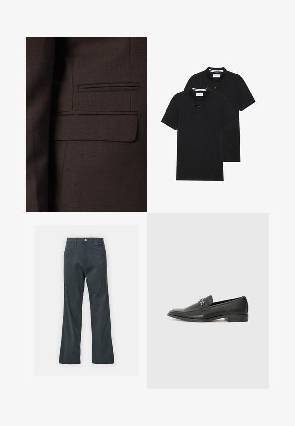 Smeđa sako jakna od teksturirane tkanine s suptilnim uzorcima tkanja, višebojnim naglascima i jednim džepom na prsima.; Dva crna polo majice, kratki rukavi, pamučni materijal, sa klasičnom ovratnikom, čepom sa dva gumba i bijelim prugastim detaljima unutar ovratnika.; Crne hlače s ravnim krojem, napravljene od tkanine s pamukom. Imaju metalnu dugmad za zatvaranje i bočne džepove. Nema vidljivih uzoraka.; Crna kožna loafer cipela s glatkom finišem, s ušivenim uzorkom i dekorativnim metalnim lancem preko prednjeg dijela. Ravni potplat.