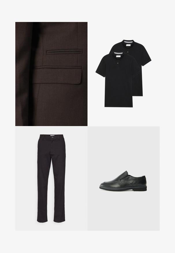 Hnedý sako zo štruktúrovanej textílie s jemnými vzorami tkania, viacerými tónmi akcentov a jedným náprsníkom.; Dvé čierne polo tričká, krátke rukávy, vyrobené z bavlny, s klasickým golierom, dvojitým gombíkom a bielymi pruhmi vo vnútri goliera.; Čierne bavlnené nohavice so strihom rovného nohavice, s predným zapínaním na gombík a bočnými vreckami. Hladká textúra a minimálne detaily.; Čierny kožený nazúvací topánka s hladkým zvrškom, prešitými akcentmi, zaoblenou špičkou a nízkym gumovým podpätkom. Podošva má minimálny dezén.