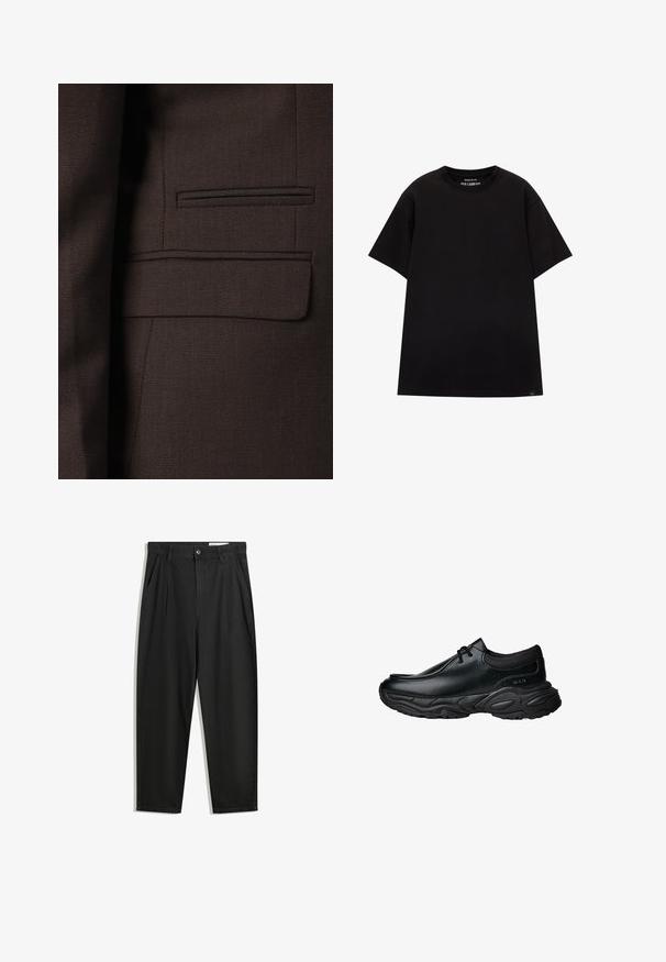 Hnedý sako zo štruktúrovanej textílie s jemnými vzorami tkania, viacerými tónmi akcentov a jedným náprsníkom.; PULL&BEAR JOIN LIFE - Základné tričko - black; Čierne bavlnené nohavice s voľným strihom, s klasickým pásom, prednými záhybmi a bočnými vreckami. Hladká textúra bez vzorov.; Čierne kožené slip-on topánky s okrúhlou špičkou a hrubou štruktúrovanou gumovou podrážkou. Obsahujú jemné prešitie a elastické akcenty v oblasti goliera.