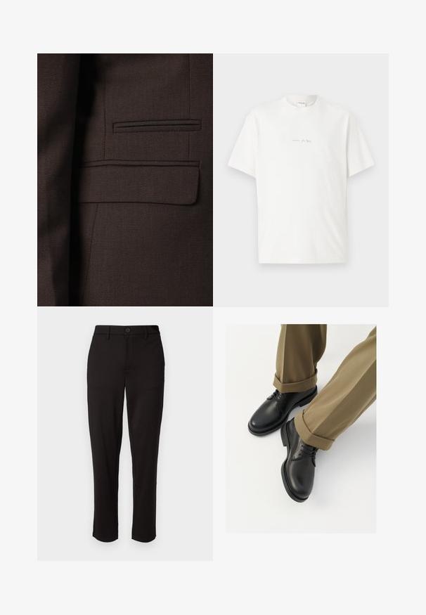 Brūns žakets ar teksturētu audumu, kurā ir smalki austas rakstu līnijas, daudzkrāsaini akcenti un viena krūšu kabata.; Balts kokvilnas T-krekls ar apaļu kakla izgriezumu, īsām piedurknēm un mazu drukātu logotipu priekšā. Gluda tekstūra un brīvs griezums.; Melnas bikses izgatavotas no viegla materiāla, ar taisnu kāju, priekšējo pogu aizdari, jostas cilpām un sānu kabatām.; Melnas ādas kleita apavi ar gludu virsmu, ar auklēm un noapaļotu purngalu, apvienoti ar sarullētām kaķi biksēm.