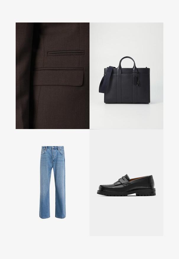 Brązowa marynarka z teksturowanej tkaniny z delikatnym wzorem splotu, wielotonowymi akcentami i jedną kieszenią na piersi.; Biała bawełniana koszulka z okrągłym dekoltem. Posiada małe ciemnoniebieskie logo na lewej piersi. Krótkie rękawy, gładka tekstura.; Jasnoniebieskie dżinsy o prostym kroju, pięć kieszeni, zapięcie na guzik, minimalne blaknięcia i kontrastowe wykończenia szwów.; Czarne skórzane mokasyny mają wyraźny szew, dwa dekoracyjne paski na górze oraz grubą, teksturowaną podeszwę dla lepszej przyczepności.; Ciemnogranatowa skórzana teczka z podwójnymi rączkami u góry i odpinanym paskiem. Posiada teksturowane wykończenie, pionowe przeszycia oraz detal z logo.