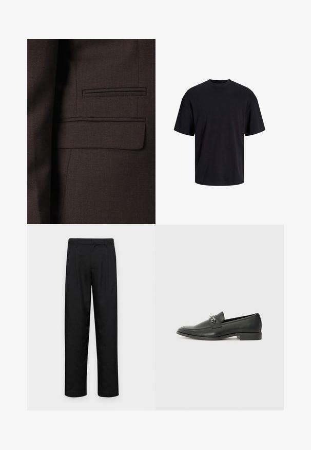 Brown suit jacket featuring a textured fabric with subtle weave patterns, multi-toned accents, and a single chest pocket.; Black cotton t-shirt with a crew neckline, short sleeves, and a relaxed fit. Smooth texture and no visible patterns or accents.; Black trousers made of smooth fabric, featuring a straight-leg design, two front pleats, and standard waistband with belt loops.; Black leather loafer with a smooth finish, featuring a stitched design and a decorative metal chain accent across the vamp. Flat heel.