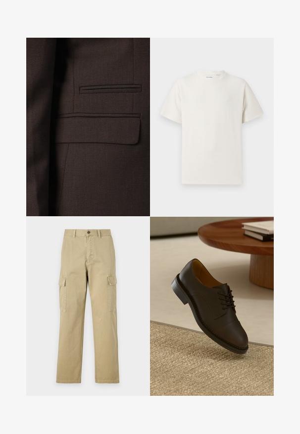 Smeđa sako jakna od teksturirane tkanine s suptilnim uzorcima tkanja, višebojnim naglascima i jednim džepom na prsima.; Bijela kratka majica s kratkim rukavima u rebrastoj teksturi. Okrugli izrez, ležeran kroj, bez vidljivih uzoraka ili akcenta. Jednostavan i svestran dizajn.; Bež cargo hlače izrađene od pamuka, s dva bočna džepa, zatvaranjem na gumb i ravnim nogavicama od blago teksturirane tkanine.; Smeđa kožna cipele za odijelo s teksturiranim gornjim dijelom, čipkastim dizajnom, kontrastnim šavovima i izdržljivom gumenom potplatom, lebdi iznad tkanog tepiha.