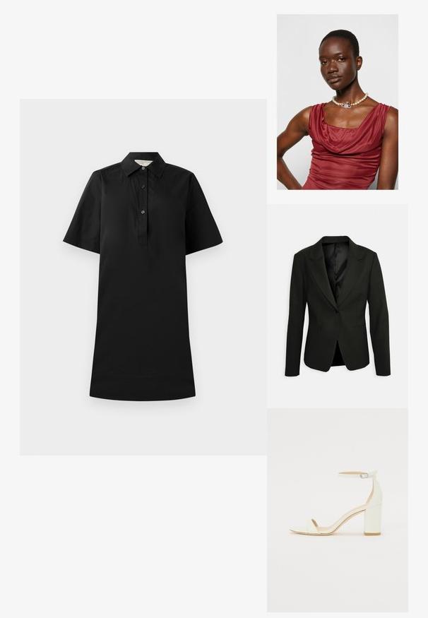 Svart, skräddarsydd blazer med en enda knapp, slagkragar och två framfickor. Slät textur med satinfoder och en strukturerad form.; Svart kortärmad klänning med krage, knapplist och rak silhuett. Tillverkad av lättviktigt tyg med en mjuk yta.; Vit läder blockklack-sandalett med en ankelrem och spänne samt minimalistisk design. Öppen tå och släta ytor genomgående.; Klänning med krage, djupt röd färg och en slät yta. Inkluderar ett pärlhalsband med en dekorativ silverdetalj i mitten.