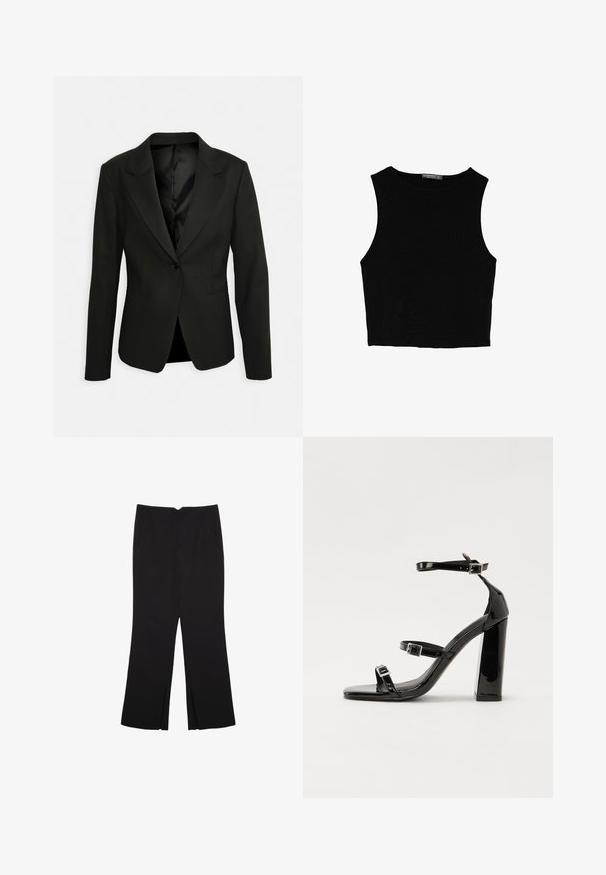 Musta, räätälöity bleiseri, jossa on yksi nappi, viistetyt kaulukset ja kaksi etutaskua. Sileä pinta, satiinivuori ja jämäkkä muoto.; Musta hihaton crop-top, joka on valmistettu sileästä kankaasta, jossa on pyöreä kaula-aukko ja siisti, yksinkertainen muotoilu ilman kuvioita tai varusteita.; Mustat housut suoralinjaisella leikkauksella, joissa on etutaskut ja sivurei'ät helman alla. Valmistettu pehmeästä ja sileästä kankaasta. Sopii eri tilaisuuksiin.; Musta kiiltävä korkokenkä sandaalit neliönmuotoisella varpaalla, nilkkaremmillä ja hopeisilla soljilla. Varustettu tukevalla lohkokorkealla vakauden takaamiseksi.