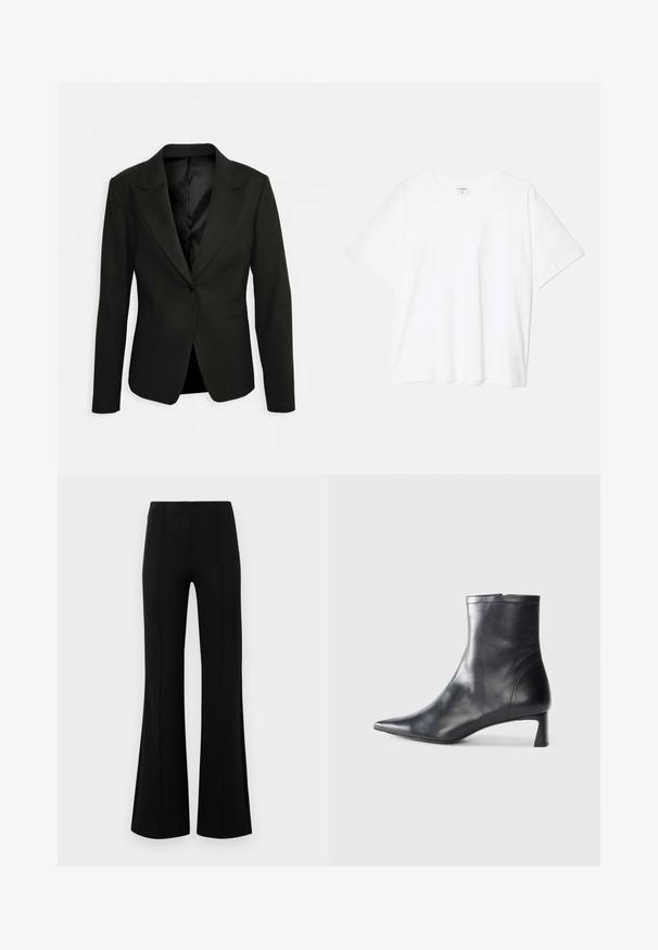 Črn, krojen blazer z enim gumbom, z reverji in dvema sprednjima žepoma. Gladka tekstura z satenskim podom in strukturirano obliko.; Bela bombažna majica s kratkimi rokavi, okroglim izrezom, sproščenim krojem in šivanim robom. Oznaka vidna na notranji strani izreza.; Črne krilate hlače z visokim pasom, izdelane iz raztegljive tkanine. Imajo vertikalne šive na sprednji strani in gladko teksturo.; Črne usnjene gležnjarje s šiljastim nosom in elegantnim dizajnom. Imajo nizko peto in zadrgo na zadnji strani. Gladka tekstura.