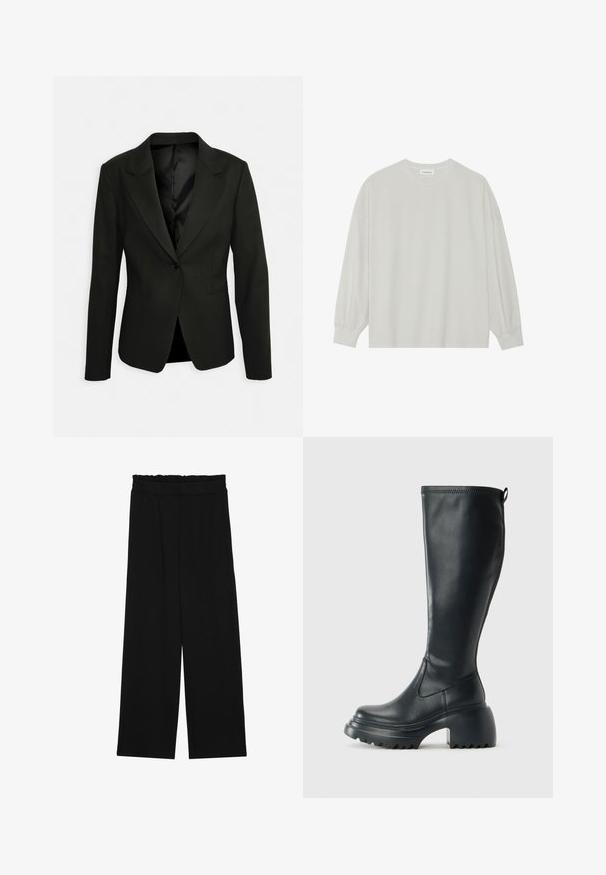 Blazer preto, ajustado, com um único botão, lapelas com recorte e dois bolsos frontais. Textura suave com forro em satin e formato estruturado.; Camisola de manga longa cinza clara, feita de algodão suave. Apresenta um corte solto, decote redondo e punhos ligeiramente franzidos. Sem padrões nem gráficos.; Calças largas pretas com um cinto franzido, apresentando dois bolsos laterais e um tecido suave e leve. Sem padrões ou ferragens visíveis.; Bota preta de couro alta com sola de plataforma robusta e salto bloco, apresentando puxador e padrão texturizado na sola.