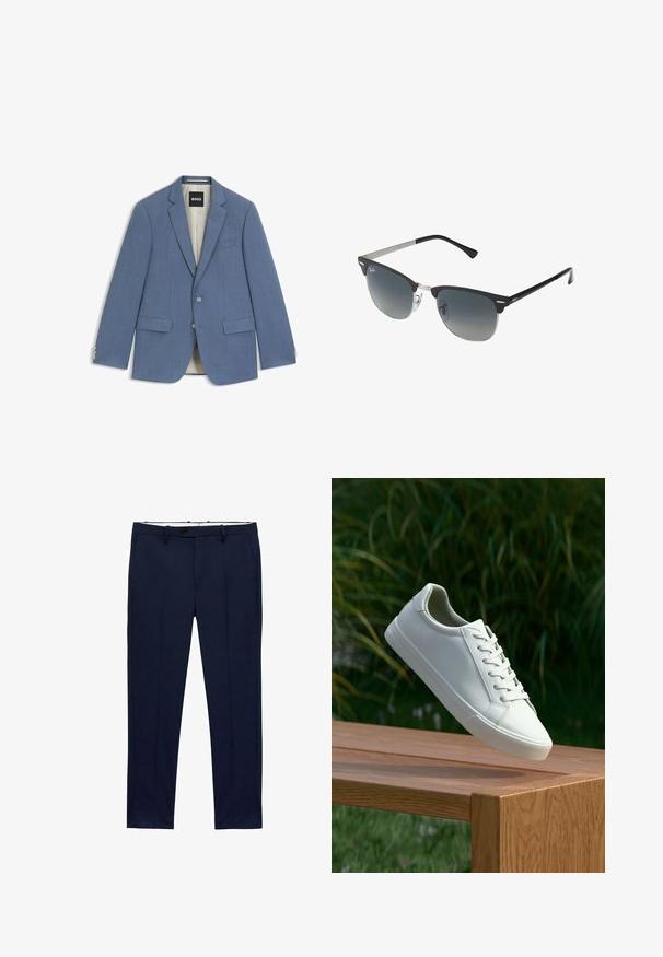 Ljusblå kavaj i texturerat material. Har slagkragar, två framfickor, enknappsstängning och en kontrasterande innerfoder.; Vita kortärmade t-shirts staplade, gjorda av bomull. Har en rund hals och rak skärning. Tyget verkar slätt utan mönster.; Mörkblå byxor med slim fit och ränder. Har dragkedja, bälteshällor och framfickor. Slät tygliknande struktur.; Vit snörad sneaker svävande ovanför en träbänk med gröna växter i bakgrunden, som visar skodesign och textur.; Svarta och silverfärgade solglasögon med kattögaform, gradientlinser och metalliska detaljer på ramen. Plastbågar med gråa tippar.