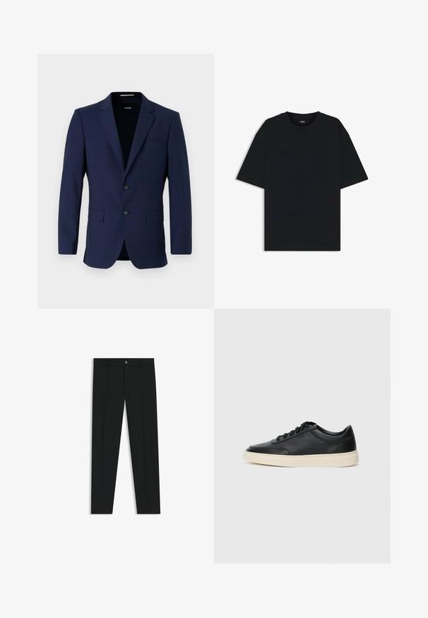 Marineblauwe tailler blazer met twee knopen, reverskraag en opgestikte zakken. Gladde textuur met een minimalistisch ontwerp. Merkimpressie zichtbaar aan de binnenzijde.; Zwarte katoenen T-shirt met een ronde hals en korte mouwen. Heeft een losse pasvorm en een eenvoudig ontwerp zonder patronen of accenten.; Zwarte dresspants met een recht pasvorm, gemaakt van een gladde stof. Heeft een sluiting met een knoop aan de voorkant en ceintuurlussen. Effen zonder patronen.; Zwarte leren sneaker met lage schacht, zwarte veters en off-white zool, weergegeven in zijprofiel op een witte achtergrond.