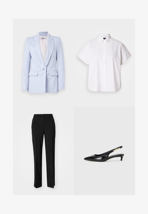 Light blue blazer with a tailored design, two front pockets, a single button closure, and a notched collar. Smooth texture, unlined interior.; White short-sleeve button-up shirt with a pointed collar and curved hem. Made from cotton with a smooth texture and no visible patterns.; Black tailored trousers with a straight-leg design, featuring a smooth texture and crisp creases along the front. No visible hardware.; Black leather slingback heels with a pointed toe, featuring a slim heel and a gold-tone accent on the adjustable strap. Smooth texture.